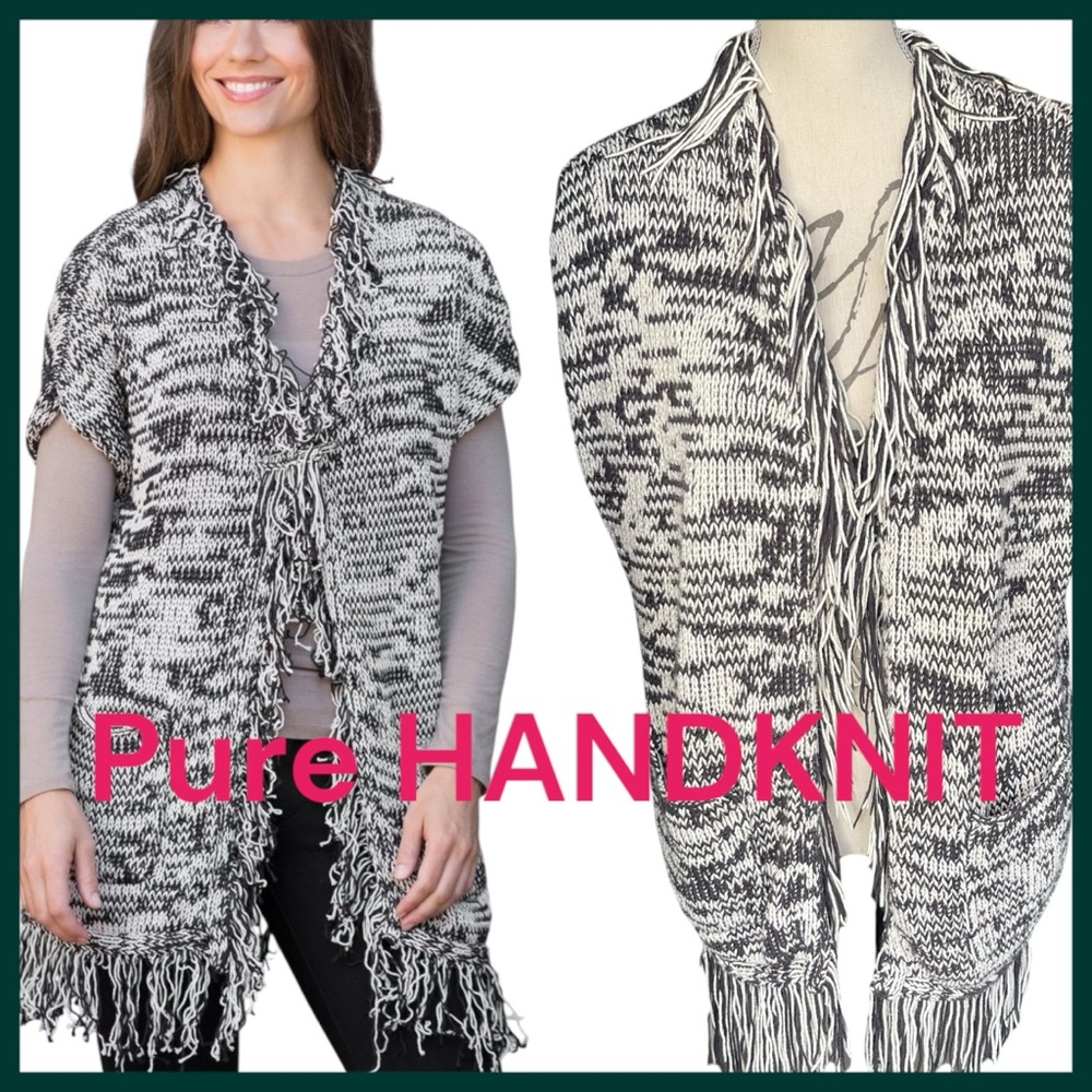Pure Handknit Black/White Cotton Knit Fringe Long Vest Cardigan Sweater (XS/S)